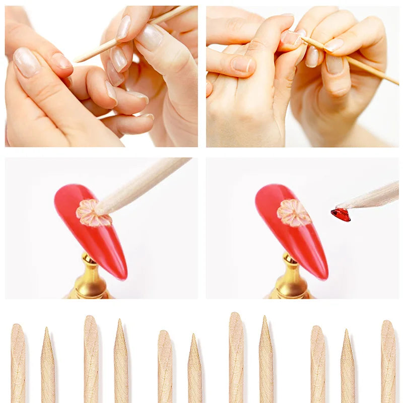 Lurayee Nail Cuticle Pusher Orange Wood Sticks Nail Manicures Remover Wooden Design Nail Gel Polish Drawing Stick for Nail Art