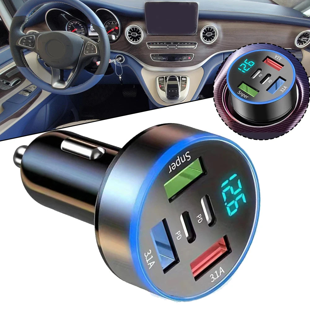 5 In 1 USB Car Phone Charger Adapter Dual PD Port Super Fast Charge 12V-24V DC Aluminum Alloy Electronics Accessories