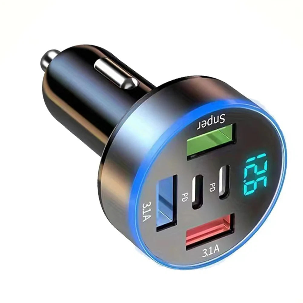 5 In 1 USB Car Phone Charger Adapter Dual PD Port Super Fast Charge 12V-24V DC Aluminum Alloy Electronics Accessories