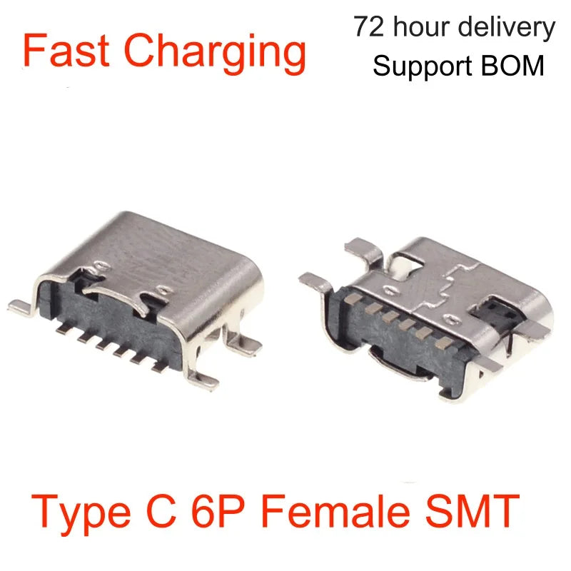 USB 3.1 Type-C 6pin Female Connector 3A High Current Fast Charging Toys Household Electronics Charging Interface Connector