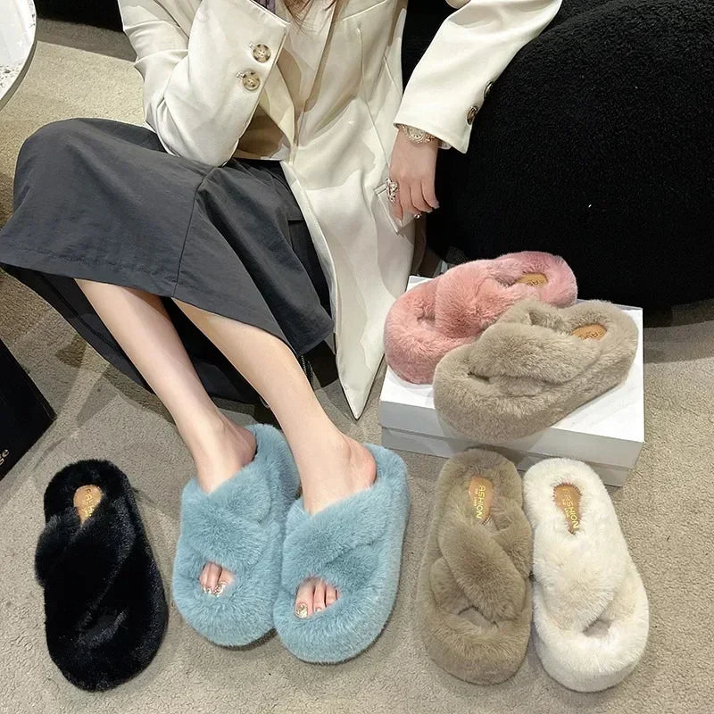 Woman Furry Ladies Faux Fur Luxury Fluffy Plush Slipper House Soft Fuzzy Girl Platform Indoor Flat Casual Sabot Round Toe Winter