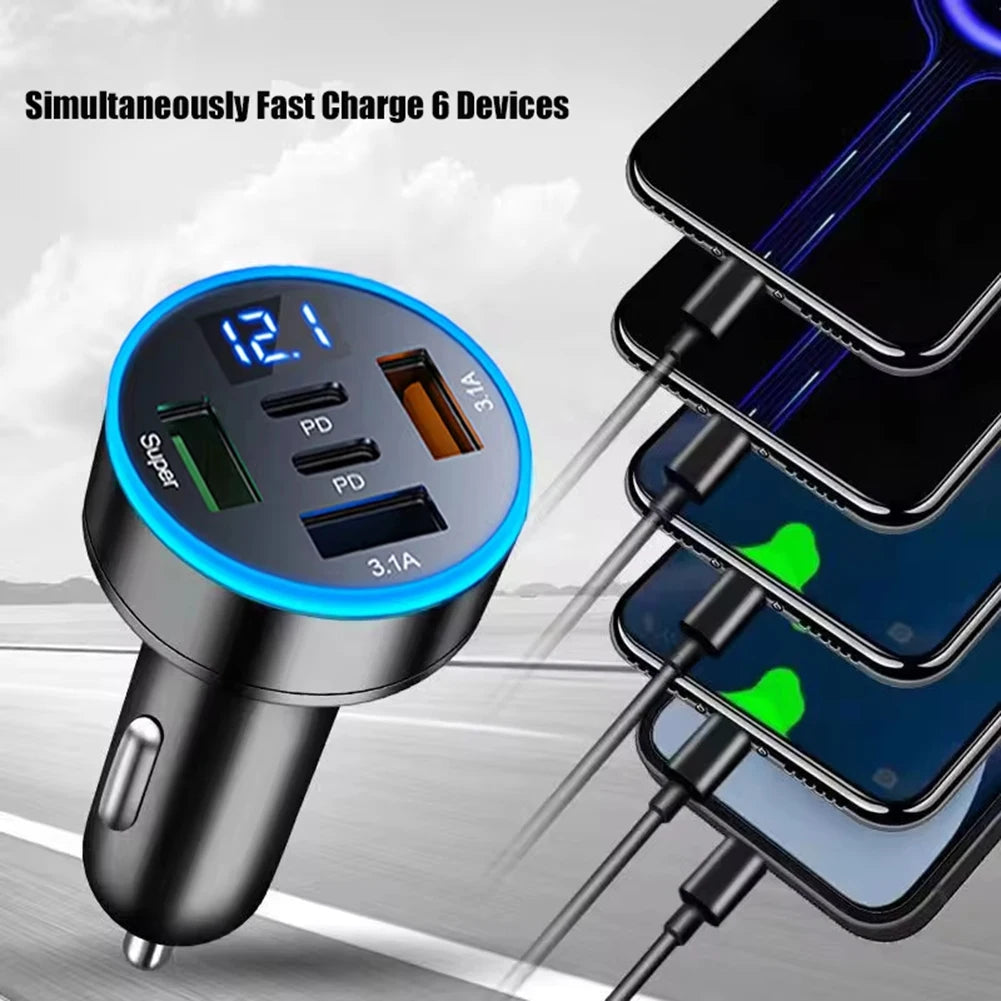 5 In 1 USB Car Phone Charger Adapter Dual PD Port Super Fast Charge 12V-24V DC Aluminum Alloy Electronics Accessories