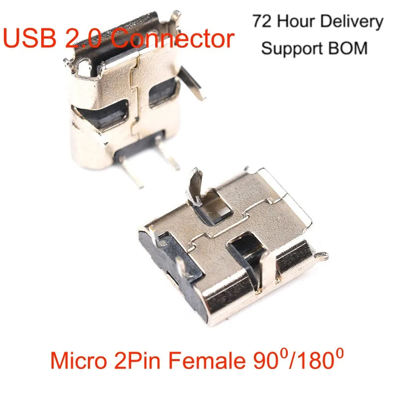 USB 2.0 Micro 2Pin Connector Type B Female Microphone Socket V8 Plug Charging 90 °/180 ° SMT for Toy Household Electronics