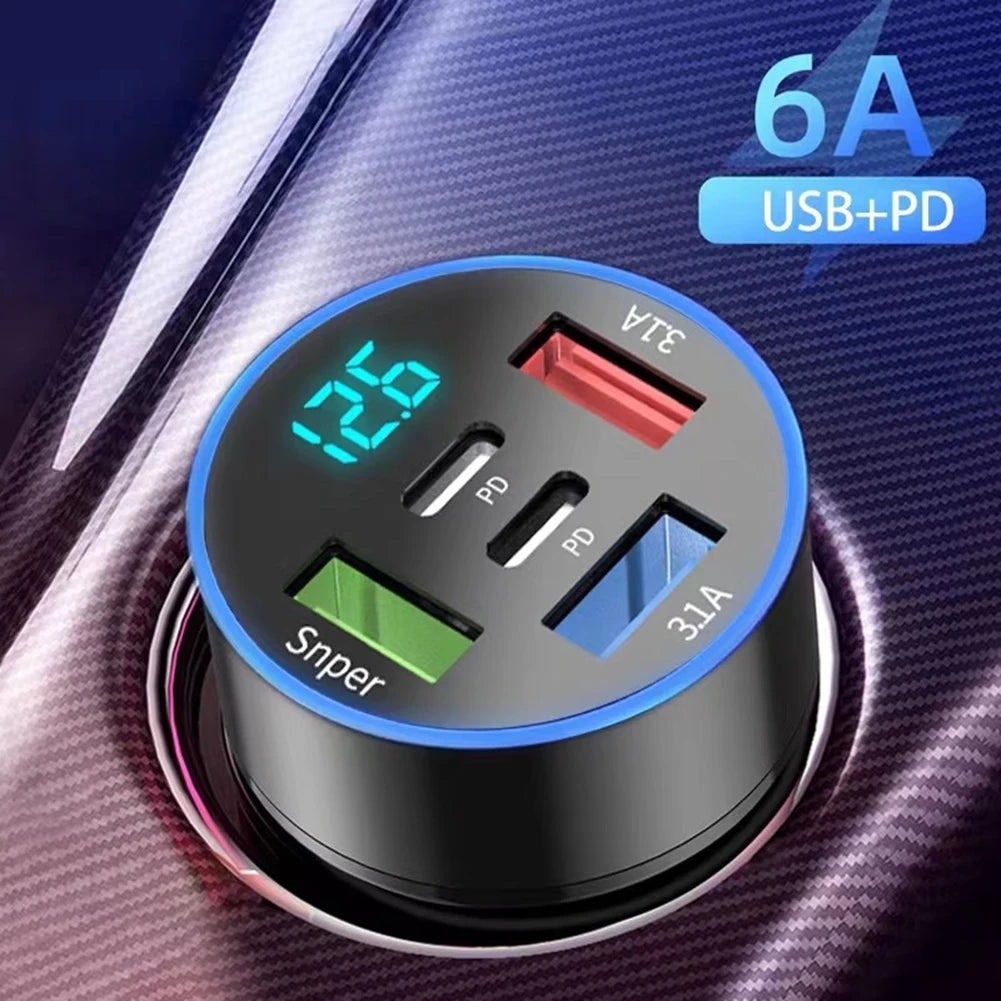 5 In 1 USB Car Phone Charger Adapter Dual PD Port Super Fast Charge 12V-24V DC Aluminum Alloy Electronics Accessories