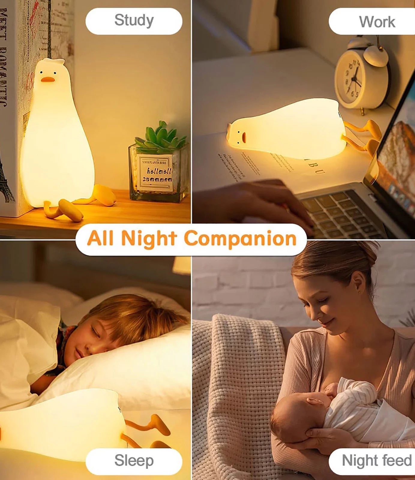 LED Lying Flat Duck Night Light, Cute Light up Duck, Silicone Dimmable Nightlight, Rechargeable Bedside Touch Lamp for Breastfeeding Toddler Baby Kids Room Decor Gift