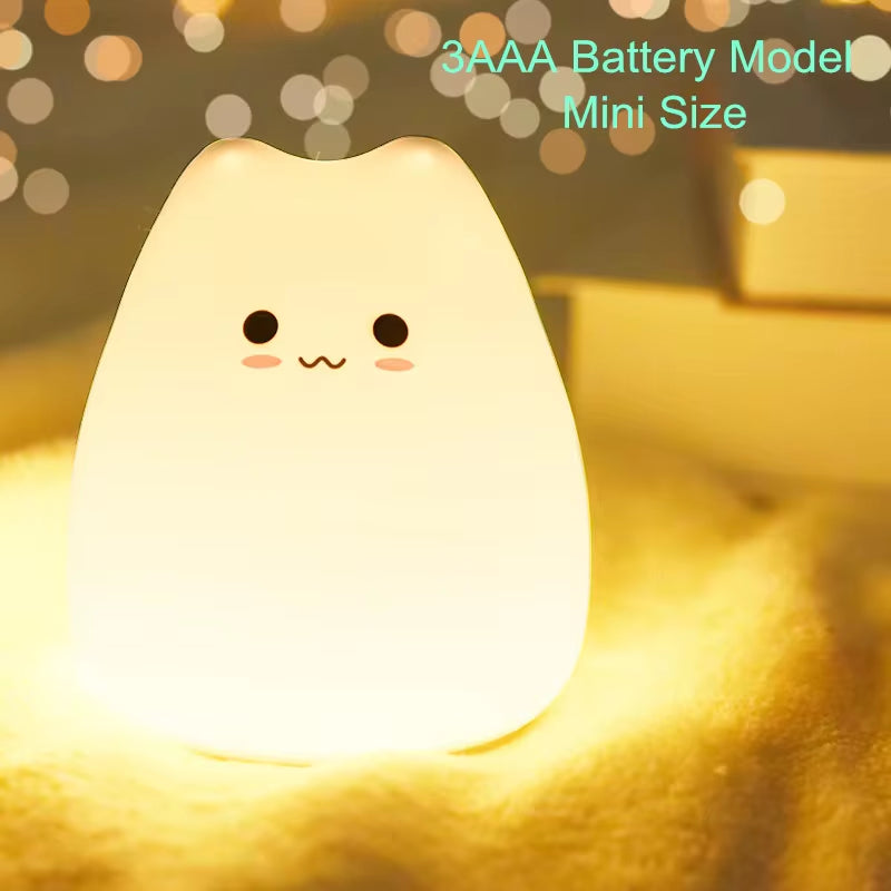 Mini Kawaii Popular Cat Baby Night Lamp 7-Color Pat Touch Color-Changing Eye Protection Bedroom Bedside Nightlight Gift Children