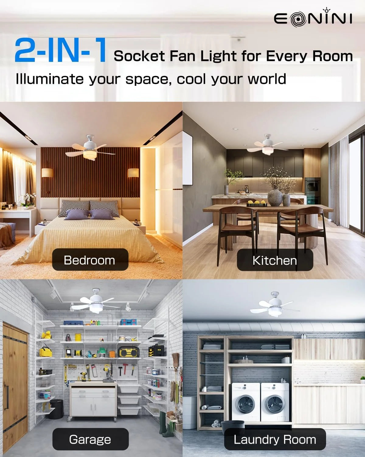 Socket Fan Light, 2000 Lumens 15" LED Ceiling Fans with Lights and Remote, 3000K-6500K Dimmable 5 Blades Screw in Ceiling Fan for Indoor Bedroom Living Room Cloakroom Kitchen Garage, White