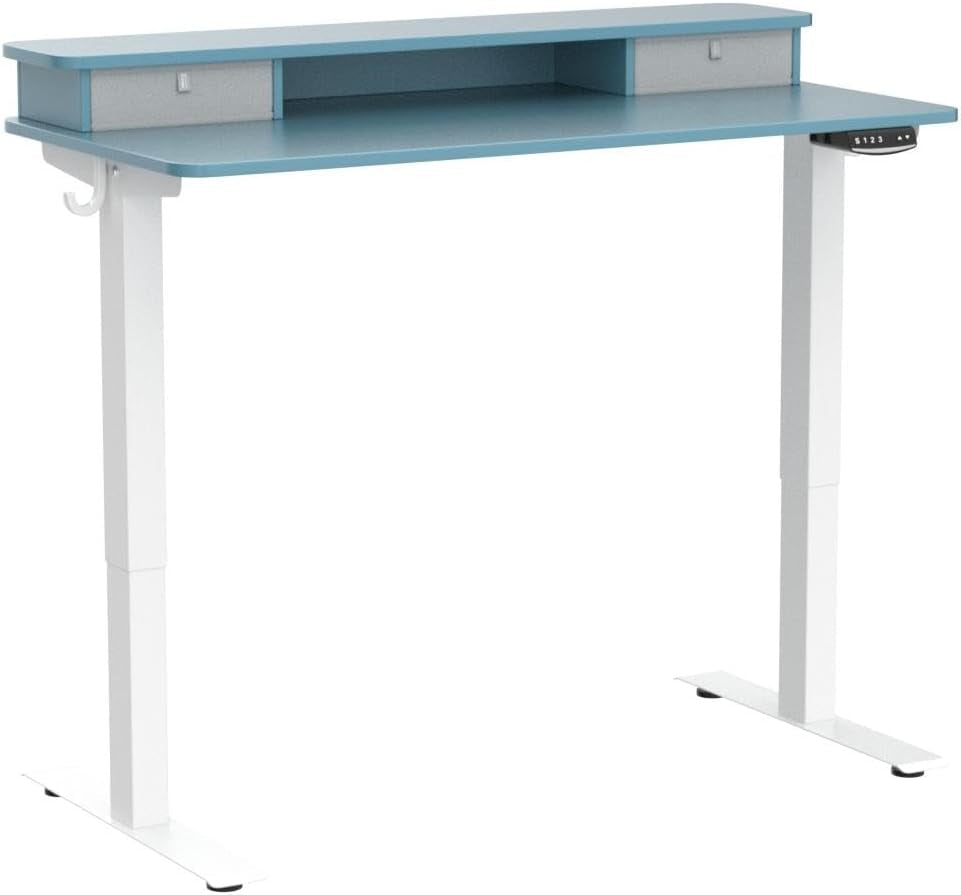 48 X 24 Inch Height Adjustable Electric Standing Desk with Double Drawer, Stand up Desk with Storage Shelf, Sit Stand Desk, Blue