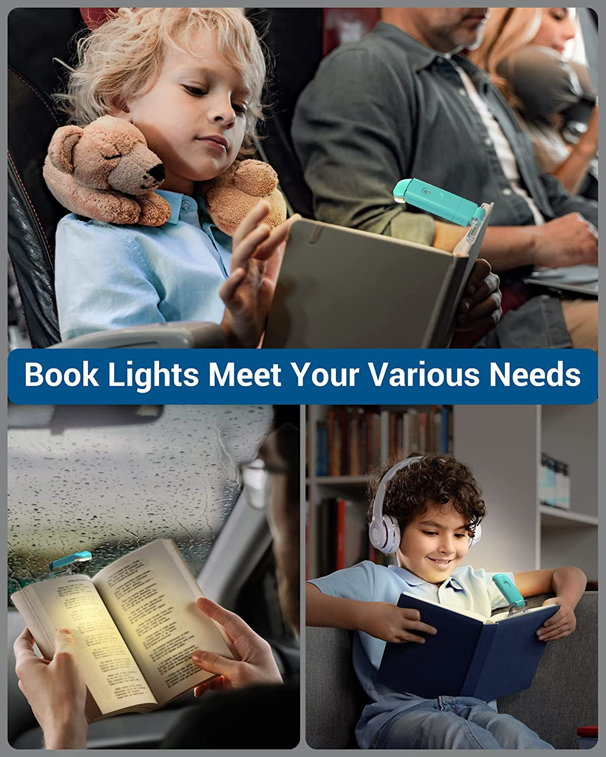 Book Reading Light with Clip, USB Rechargeble Booklight for Reading in Bed, Clip on Book Lamp, Brightness Adjustable, Sleep Aid Light, Warm White (Blue)