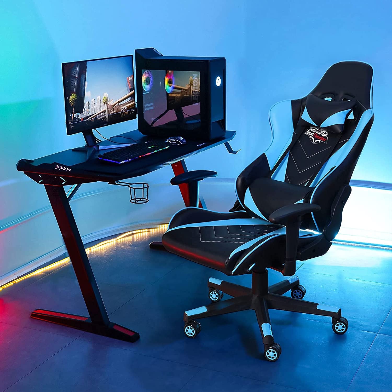 Ergonomic Video Gaming Chair 400 Lb Weight Capacity, Office Computer Chair with Headrest Lumbar Support, Reclining Racing Chair, Game Chair with Adjustable Armrest, Blue