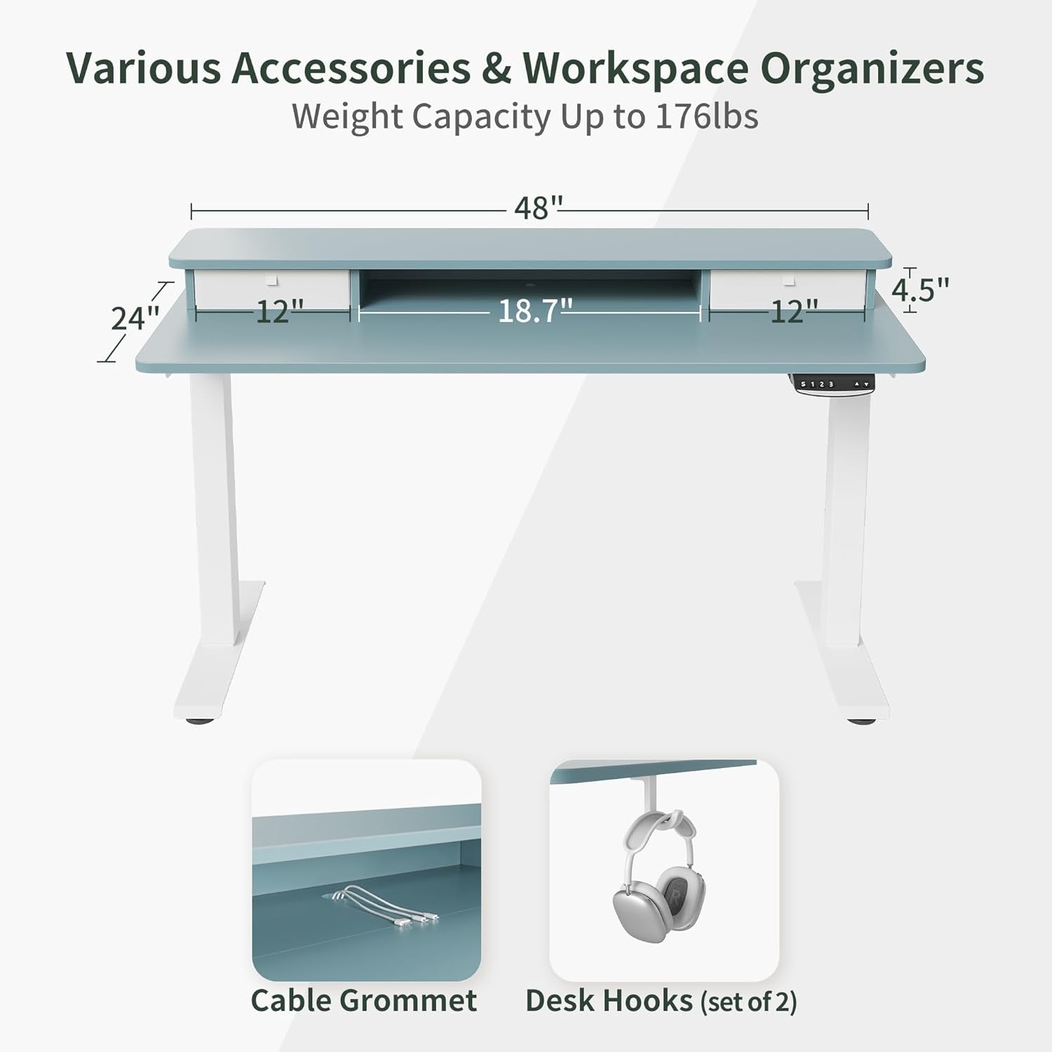 48 X 24 Inch Height Adjustable Electric Standing Desk with Double Drawer, Stand up Desk with Storage Shelf, Sit Stand Desk, Blue