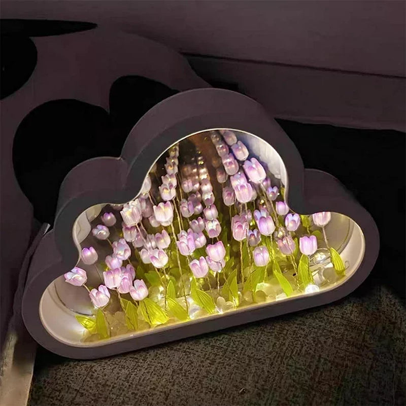 Cloud Mirror Tulip Lamp, Simulation Flower Bedroom Sleeping Table Lamp, Hand Craft DIY Tulips Mirror Night Light, Night Light for Bedroom,Creative Living Room Bedside Desktop Ornaments Girls (Purple)