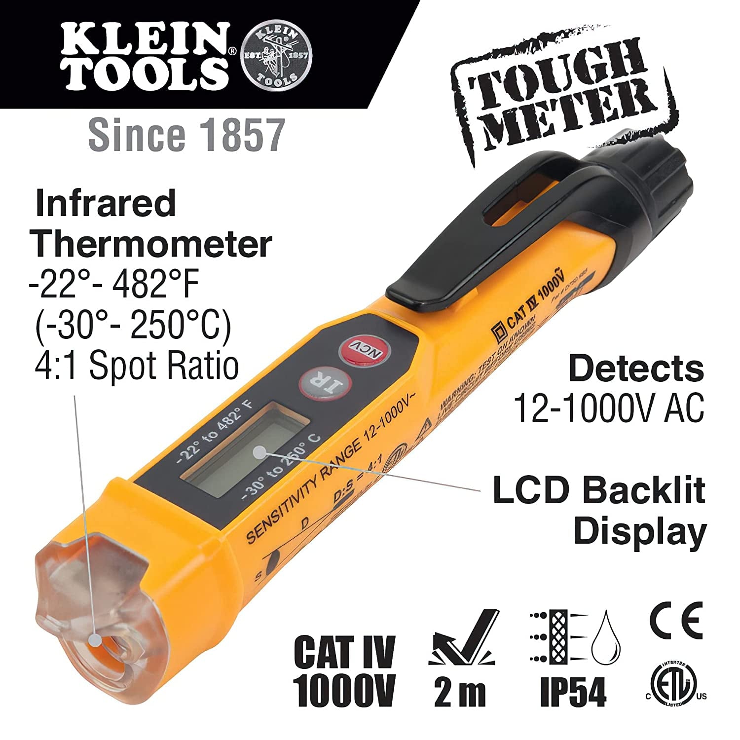 NCVT-4IR Non-Contact Volt Tester, 12 - 1000V AC Pen with IR Thermometer -22 to 482 Deg F, LED and Audible Alarms, Pocket Clip