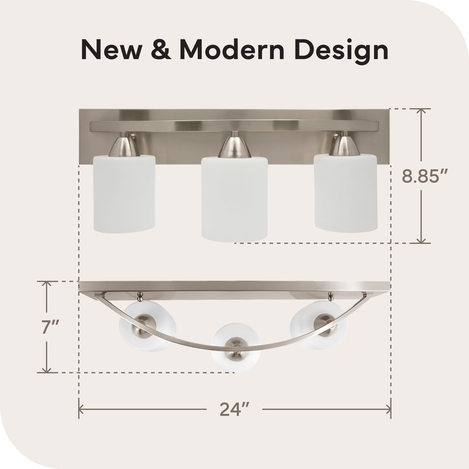 Bathroom Vanity Light Fixture | Interior Bathroom Lighting Bar with Modern Milk Glass Shade | Bathroom Lights over Mirror | Brushed Nickel, 3 Lights, E26 100W LED, Bulbs Not Included