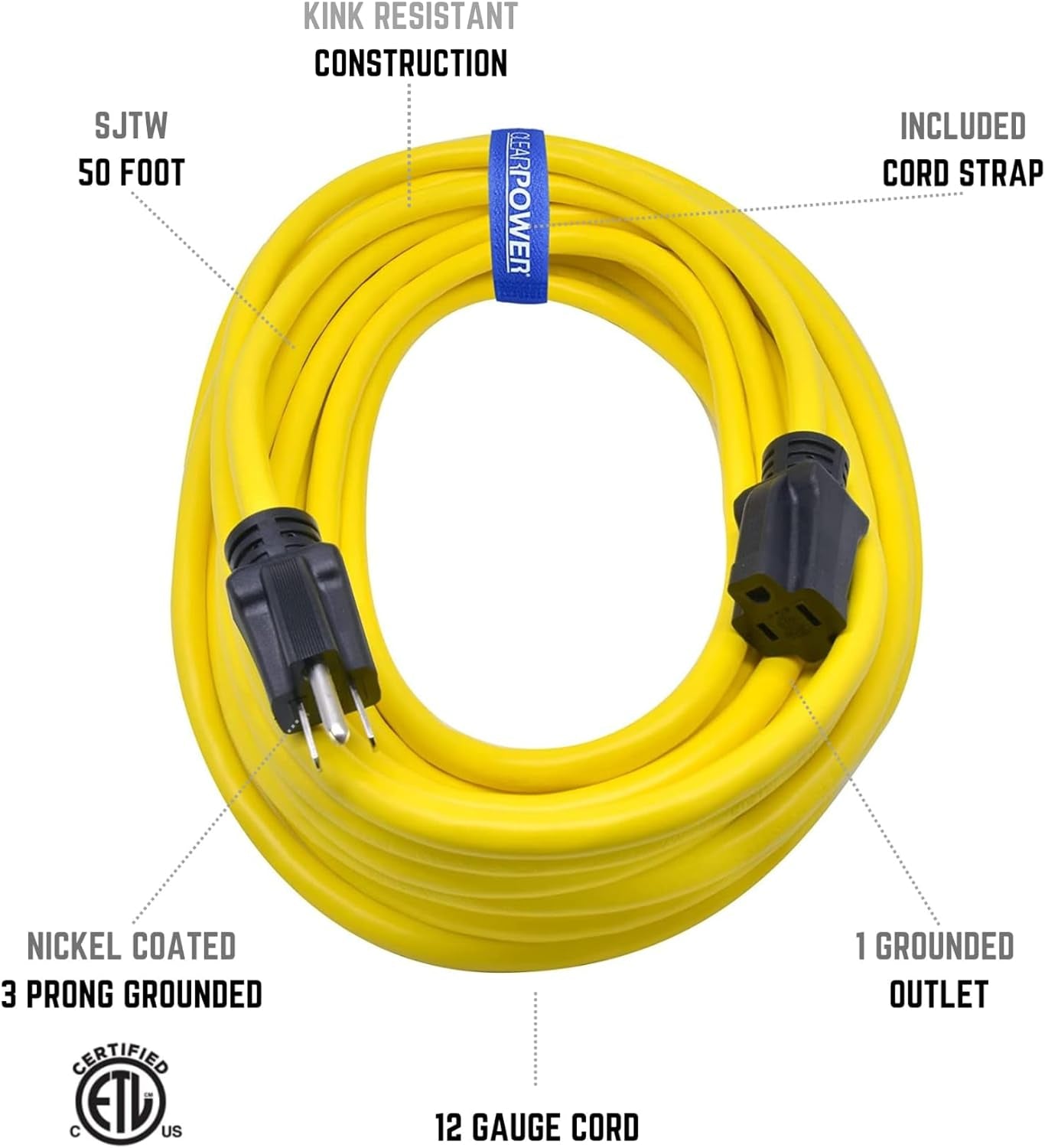 50 Ft Heavy Duty Outdoor Extension Cord 12/3 SJTW, Water & Weather Resistant, Flame Retardant, Yellow, 3 Prong Grounded Plug, CP10145