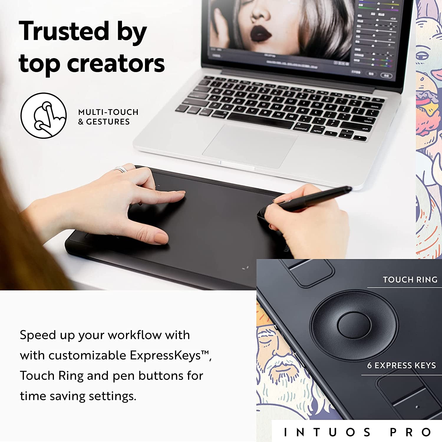 Intuos Pro Small Bluetooth Graphics Drawing Tablet, 6 Customizable Expresskeys, 8192 Pressure Sensitive Pro Pen 2 Included, Compatible with Mac OS and Windows,Black