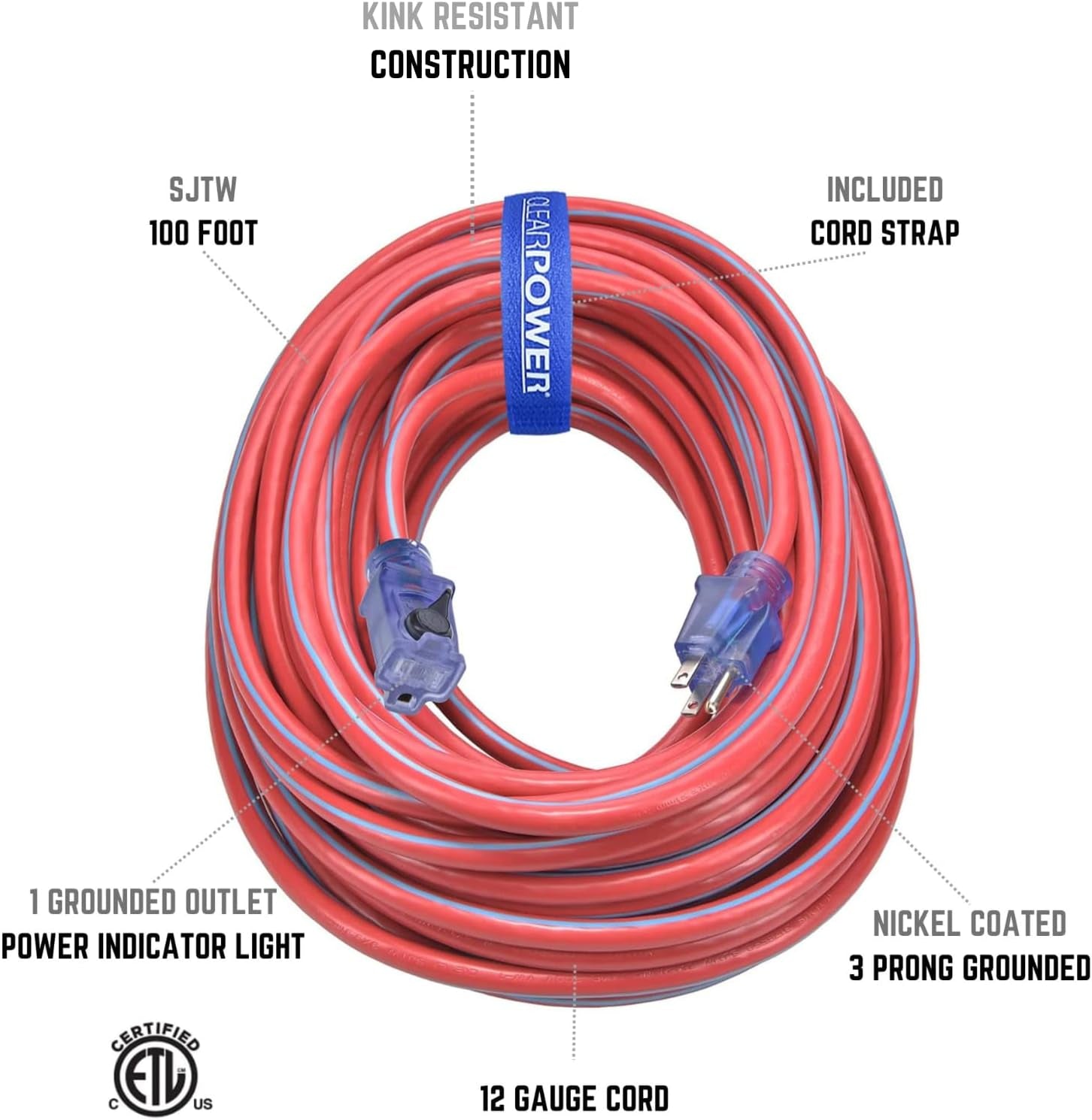 100 Ft 12/3 SJTW Heavy Duty Outdoor Extension Cord with Lighted Locking Connector, Water, Weather & Kink Resistant, Flame Retardant, Blue & Red, 3 Prong Grounded Plug, CP10168