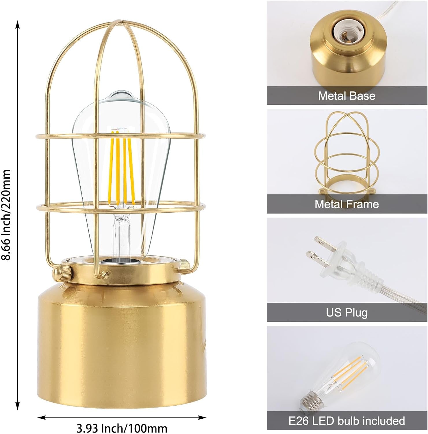 Haian 𝗦𝗺𝗮𝗹𝗹 𝗧𝗼𝘂𝗰𝗵 𝗚𝗼𝗹𝗱 𝗧𝗮𝗯𝗹𝗲 𝗟𝗮𝗺𝗽 for Small Spaces - 3 Way Dimmable Industrial Bedside Lamp - Steampunk Antique Nightstand Desk for Bedroom, Living Room (Bulb Included)