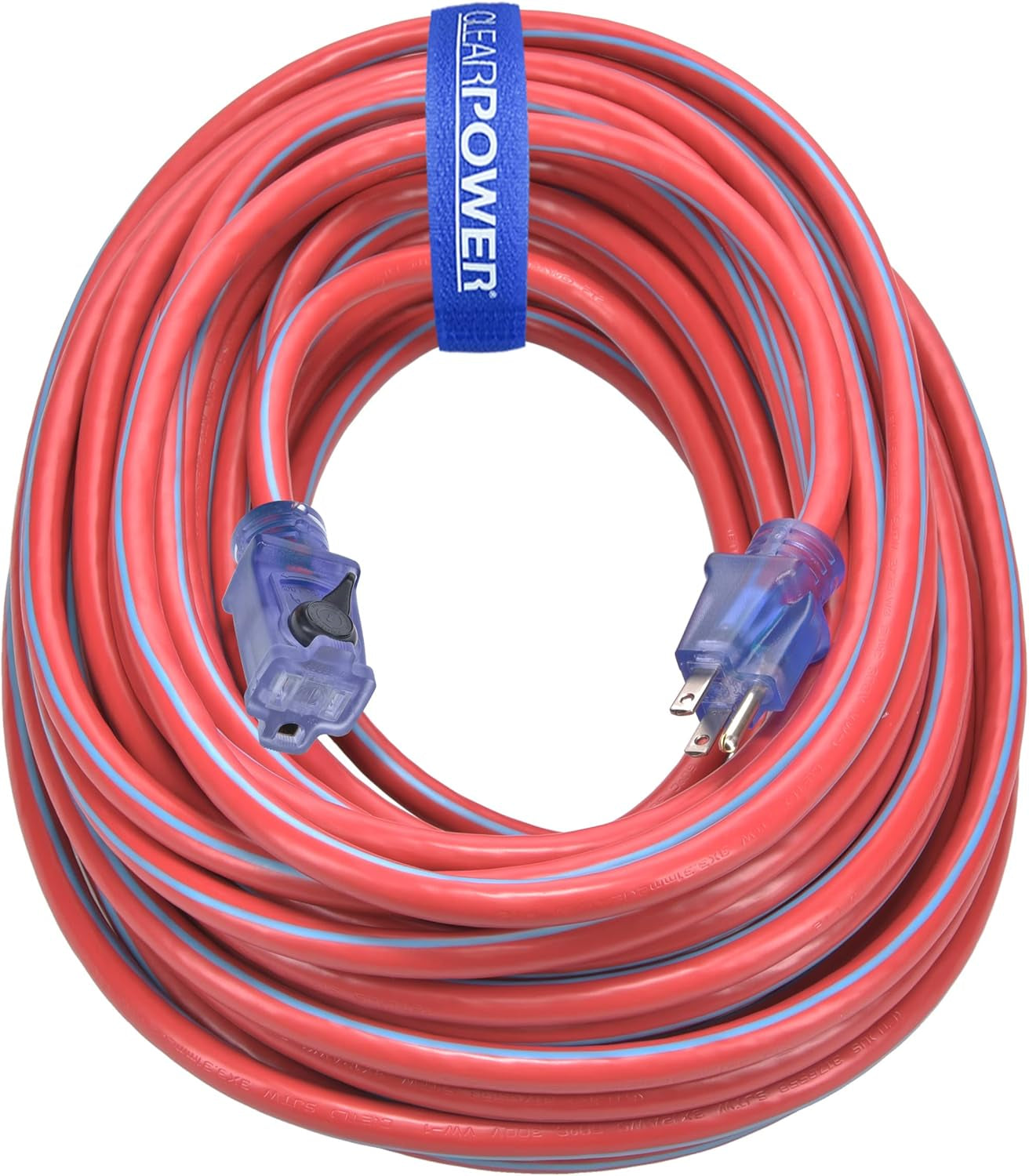 100 Ft 12/3 SJTW Heavy Duty Outdoor Extension Cord with Lighted Locking Connector, Water, Weather & Kink Resistant, Flame Retardant, Blue & Red, 3 Prong Grounded Plug, CP10168