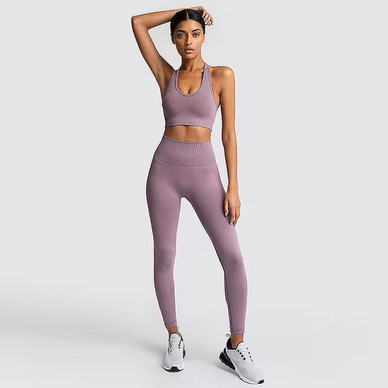 2Pcs Seamless Hyperflex Workout Sport Outfits for Women Sportswear Athletic Clothes Gym Long Sleeve Crop Top High Waist Leggings