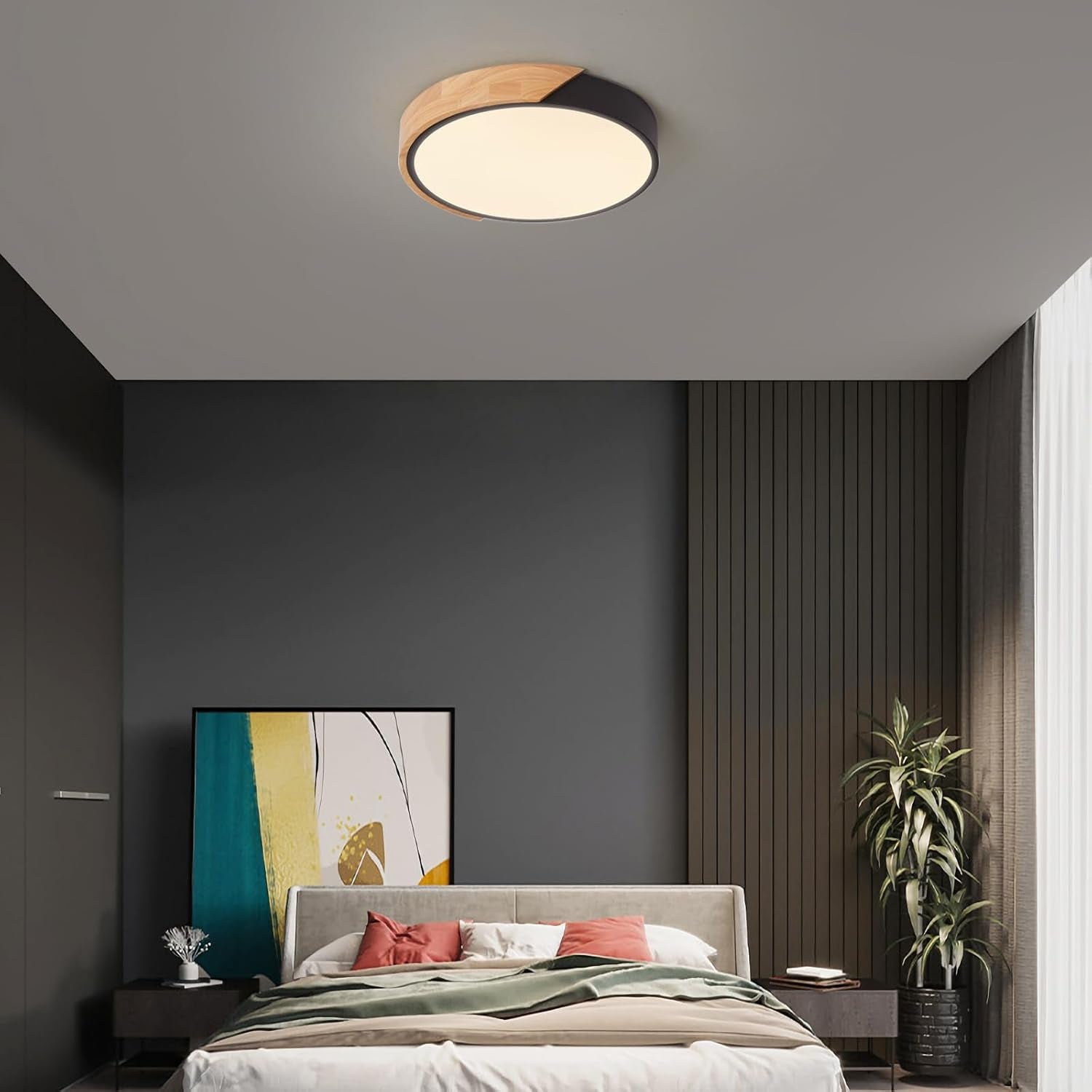 LED Ceiling Light, Flush Mount Ceiling Light Fixture, round Shaped Wood Ceiling Lighting, Modern Ceiling Light 30W, Circle Lighting Lamp (Black, 11.8 In)