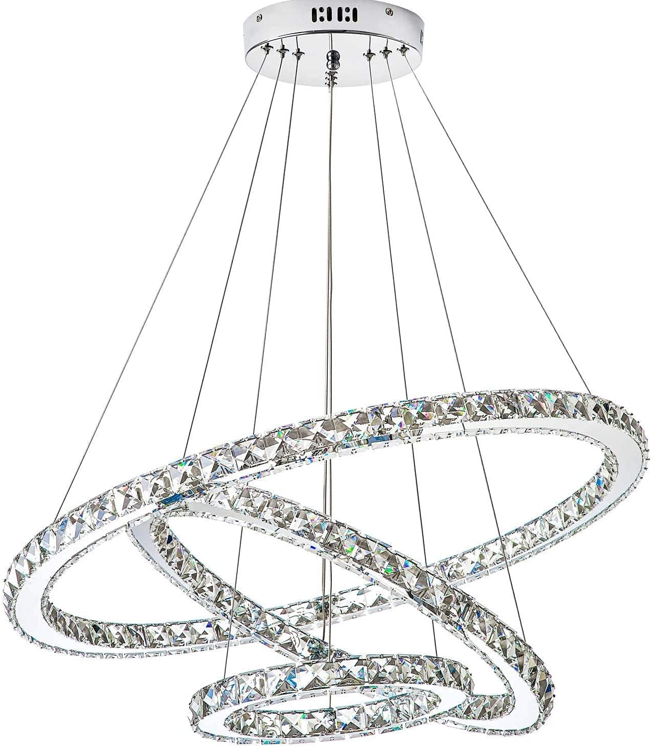 KROSON Crystal Chandelier Modern Led Chandelier Dining Room and Bedroom Chandelier Foyer Lighting Adjustable Ceiling Pendant Lighting Cool White 3 Rings Chandeliers